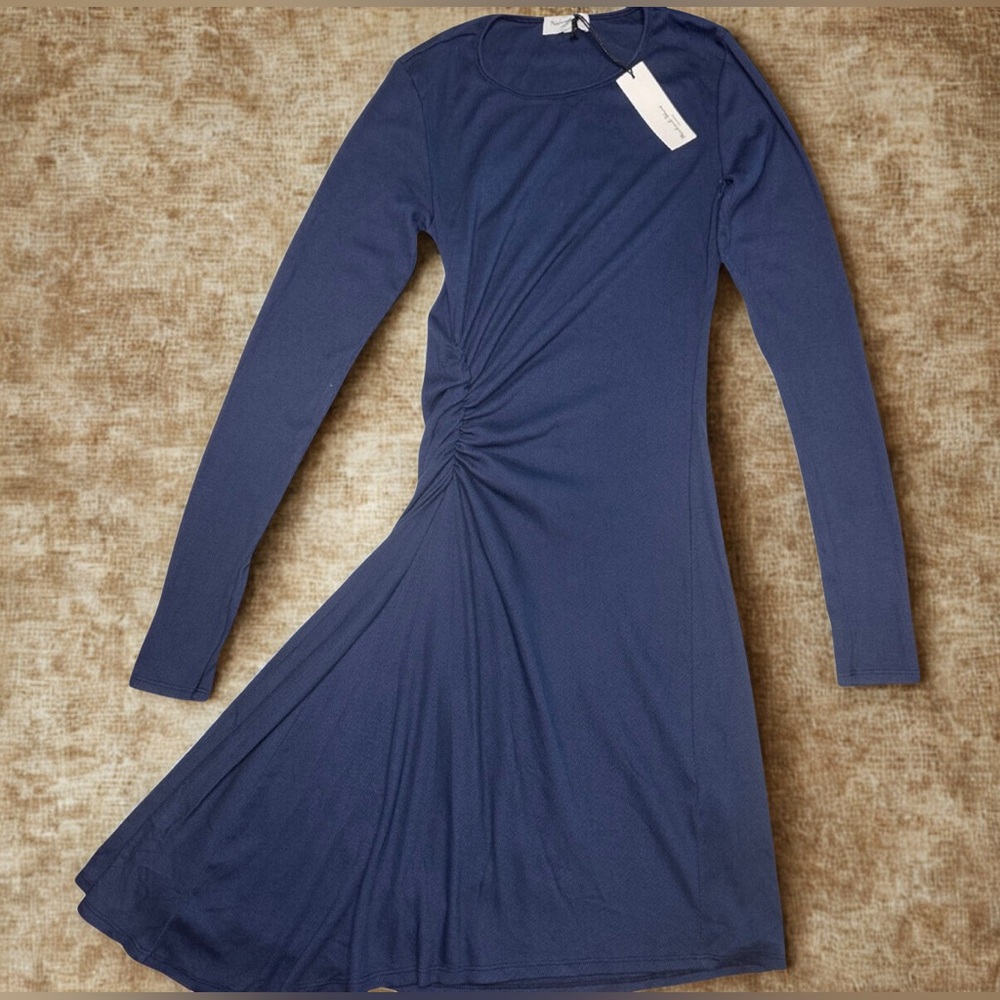 Michael Stars Fine Ribbed Knit Dress Ruched Gathered Waist Navy Blue Sz S NWT - Picture 2 of 4